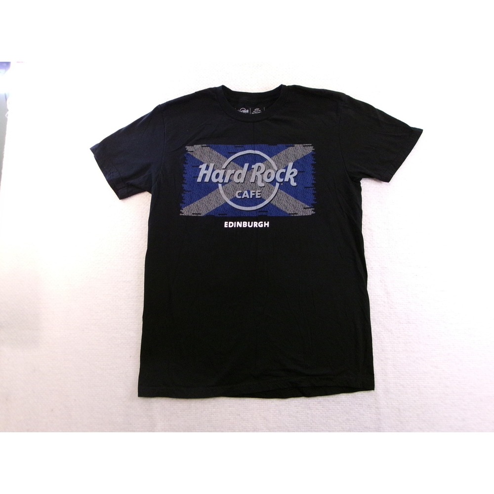 Hard Rock Cafe Mens Medium T-Shirt Black Edinburgh Scotland Saltire Flag Logo‎